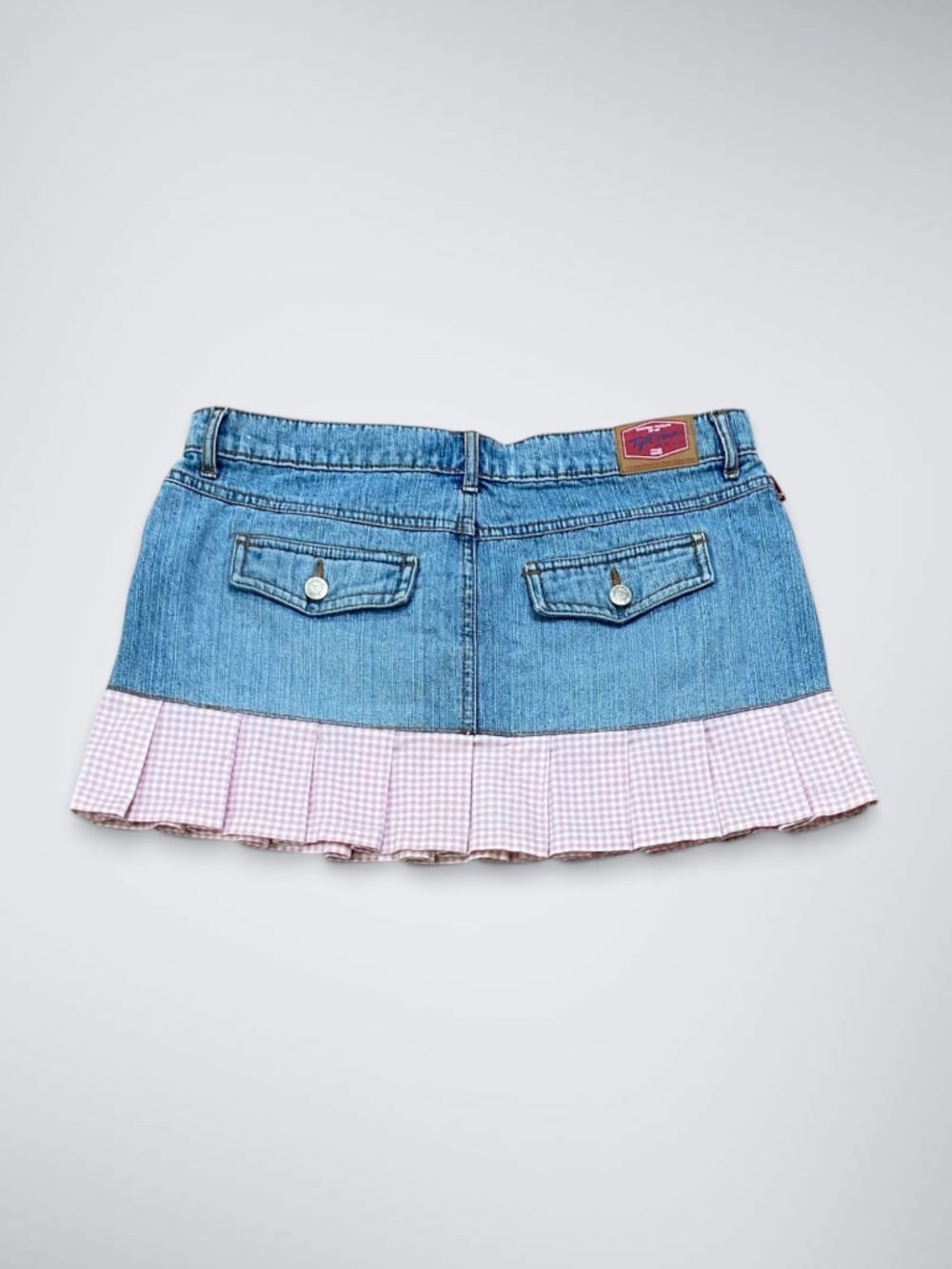 Vtg Y2k Tyte Jeans Denim Pleated Pink Gingham Mini Skirt